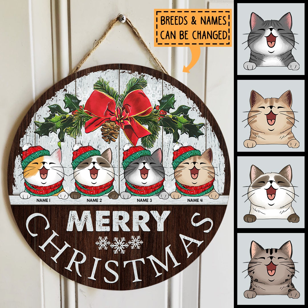 Merry Christmas - White Wood Wall - Personalized Cat Christmas Door Sign