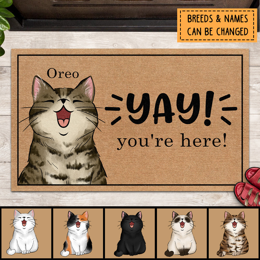 Yay, You're Here, Cat Welcome Mat Funny, Cat Rug, Cat Dad Gift, Housewarming Gift, Personalized Gift For Cat Lovers